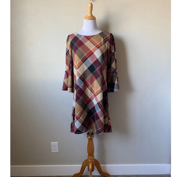 JH Brown/Red/Orange Plaid 3/4 Bell Sleeved Knee Length Dress- Size Medium - Picture 7 of 7
